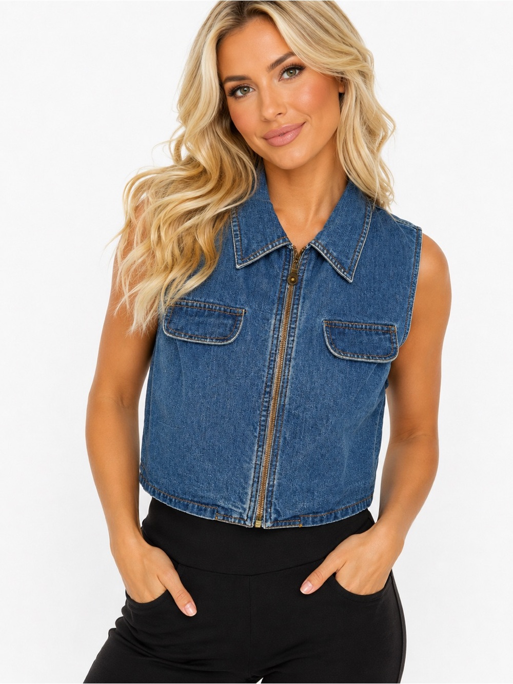 Karen Kane Women’s Medium Blue Denim Zip Front Cropped Vest Sleeveless